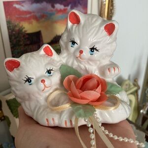 Vintage White Ceramic Twin Kittens Figurine with Coral Rose